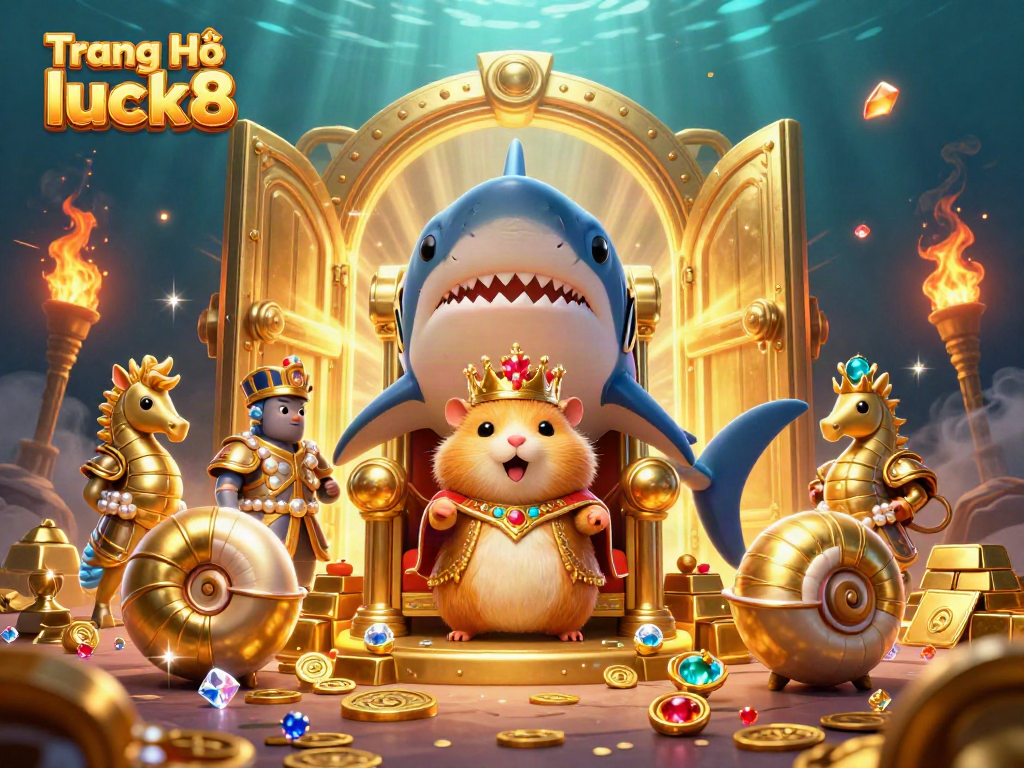 Experience the thrilling fantasy of Trang Chủ luck8 with a golden hamster king and treasure in a vibrant underwater scene.