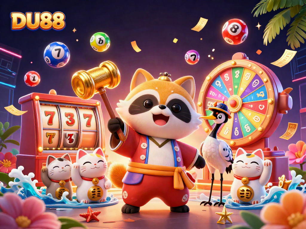 Engage with DU88's vibrant casino scene featuring lucky tanuki, colorful lottery balls, and dynamic gaming elements.