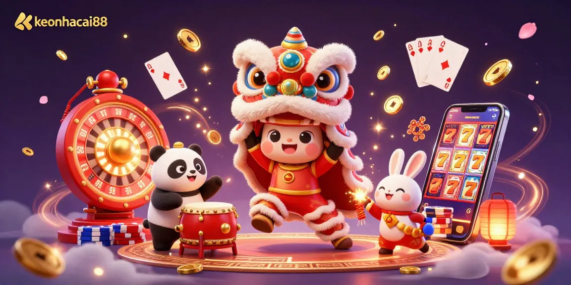 Experience the excitement of keonhacai88 with dazzling coins and a festive lion dance scene.