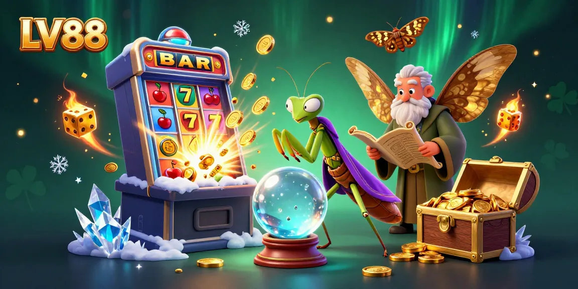 Spin the reels at LV88 with dynamic casino elements and enchanting characters in a vibrant illustration.