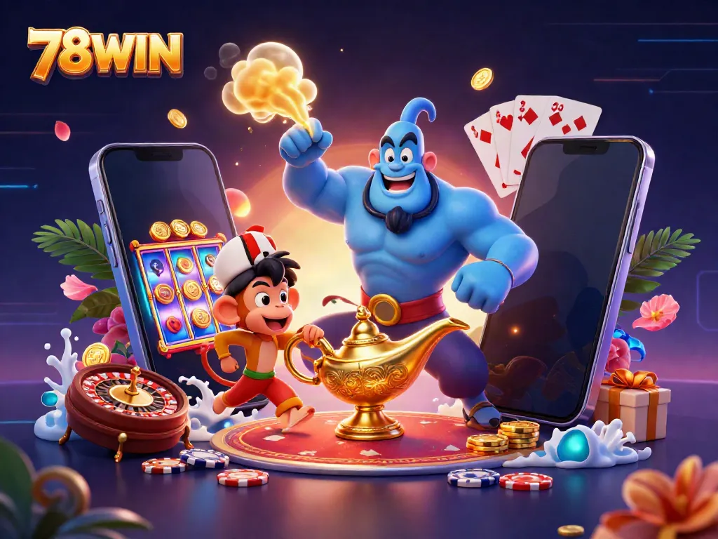 Engage in thrilling entertainment with 78WIN's dynamic casino gaming illustration filled with vibrant elements.