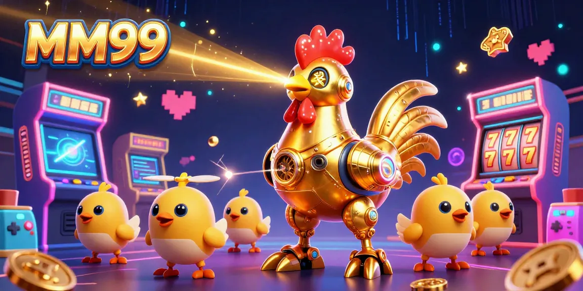 Engage in exciting gaming at MM99, showcasing a vibrant scene with a golden rooster robot and games galore.