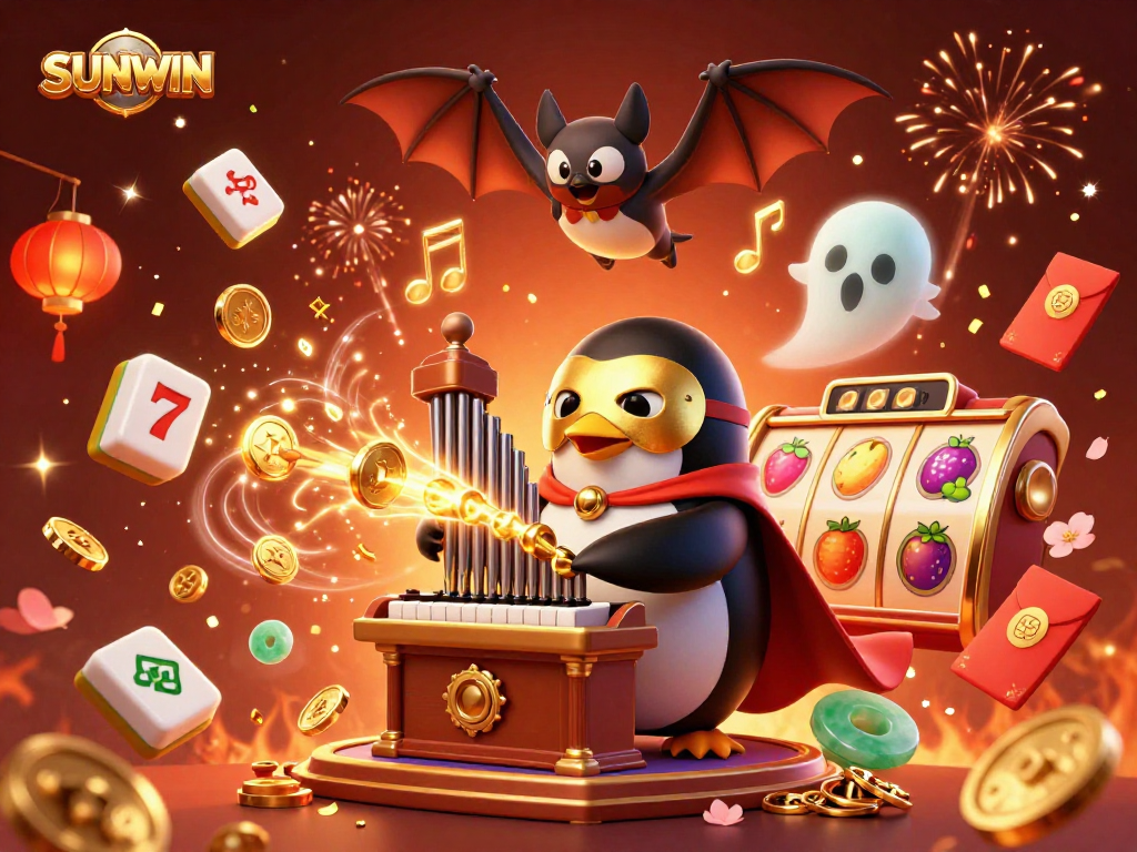 SUNWIN promotes vibrant casino excitement with a 3D illustration featuring animated characters and slot elements.