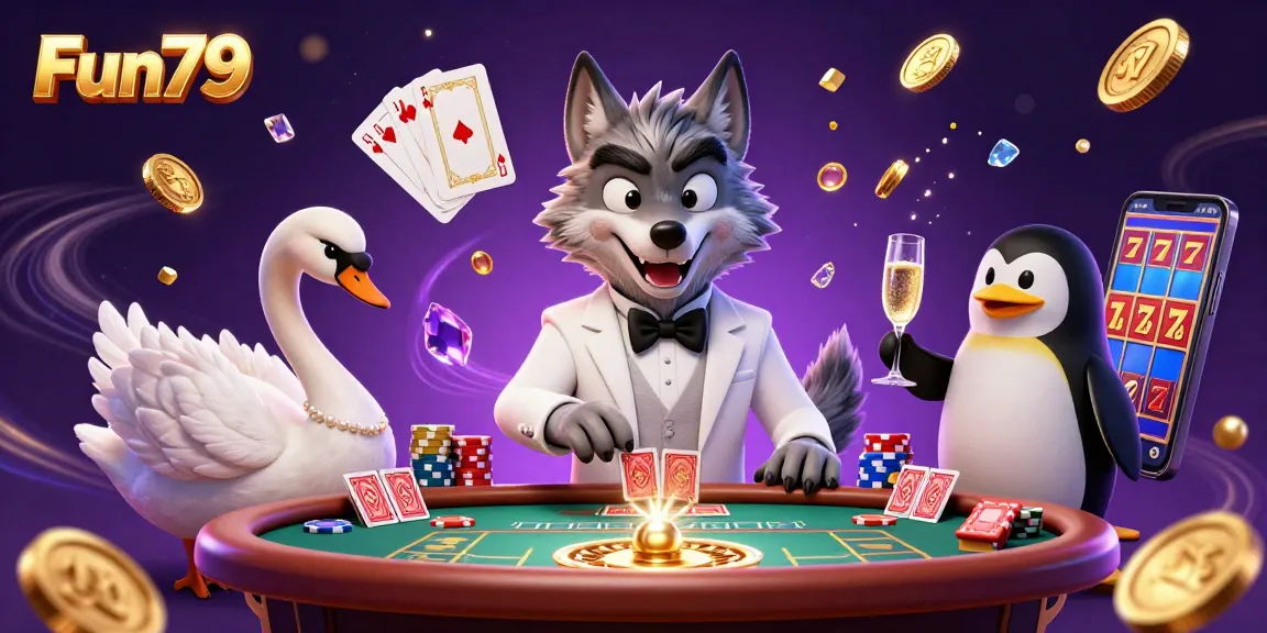 Experience thrilling gameplay at Fun79 with a debonair wolf dealing cards amidst sparkling gems and golden coins.