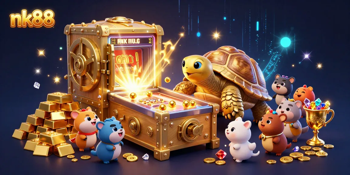 Experience the excitement of nk88 casino games with a colossal golden tortoise pinball machine surrounded by treasure!