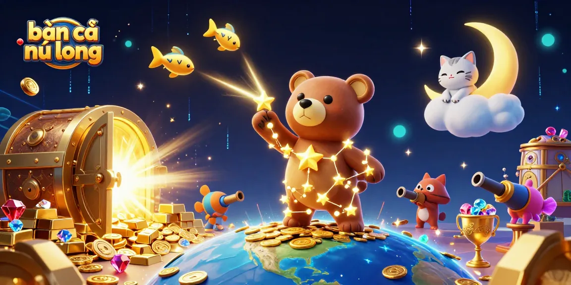 Bắn cá ngũ long showcases a magical scene of a constellation bear surrounded by treasures and playful fish game elements.