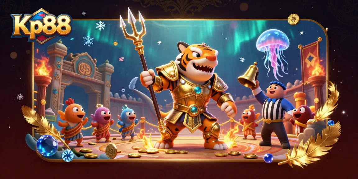 Kp88 ignites excitement with a dynamic 3D casino illustration featuring a shark in gladiator armor.