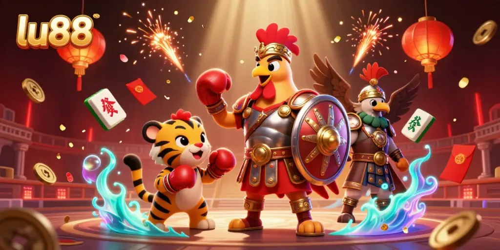 Experience exhilarating gameplay at lu88 with an action-packed scene of a gladiator rooster, tiger cub, and eagle amidst casino elements.