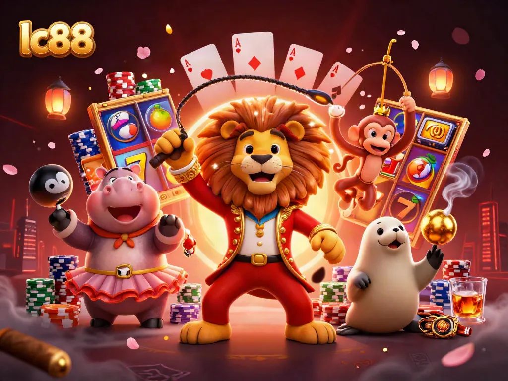 Experience the excitement of lc88 casino with lively characters and vibrant slot elements in a festive scene.