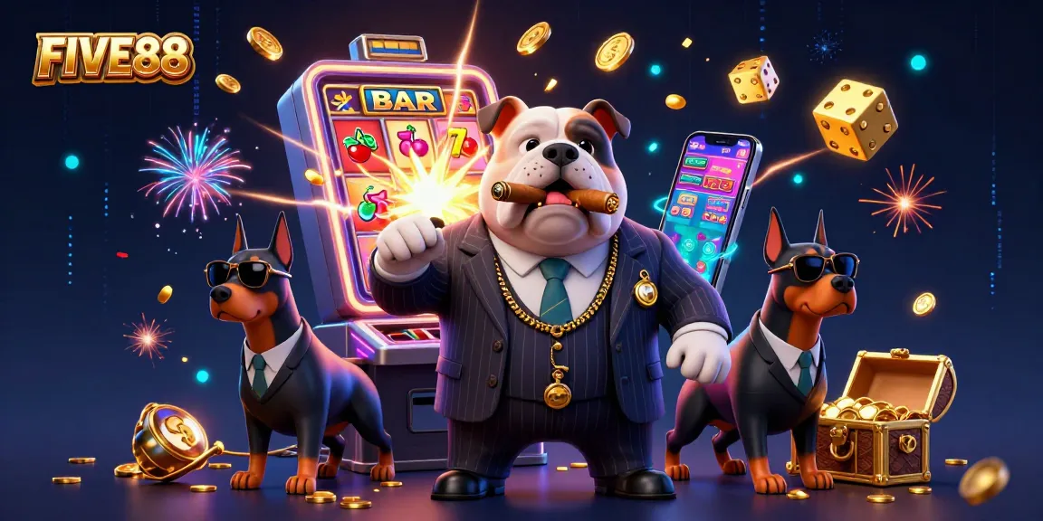 Engage with the exciting world of FIVE88, where a cartoon bulldog mafia boss commands a vibrant casino scene filled with jackpots.