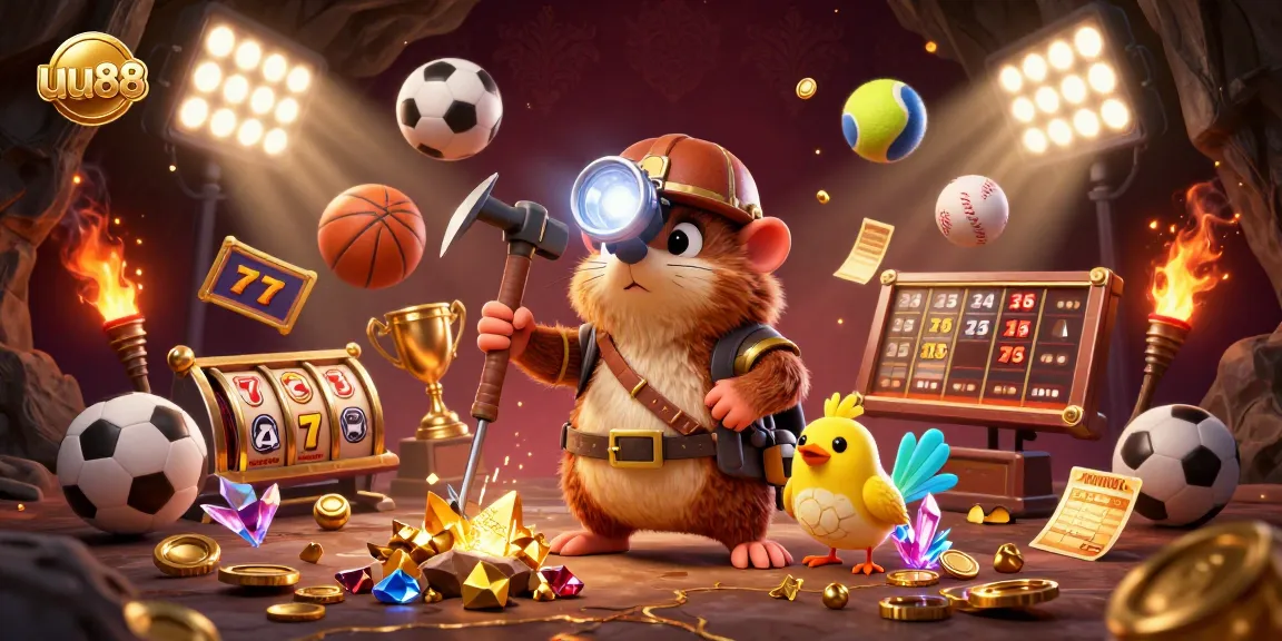 Experience thrilling adventures with uu88 in a vibrant 3D illustration featuring a treasure hunter among casino elements.