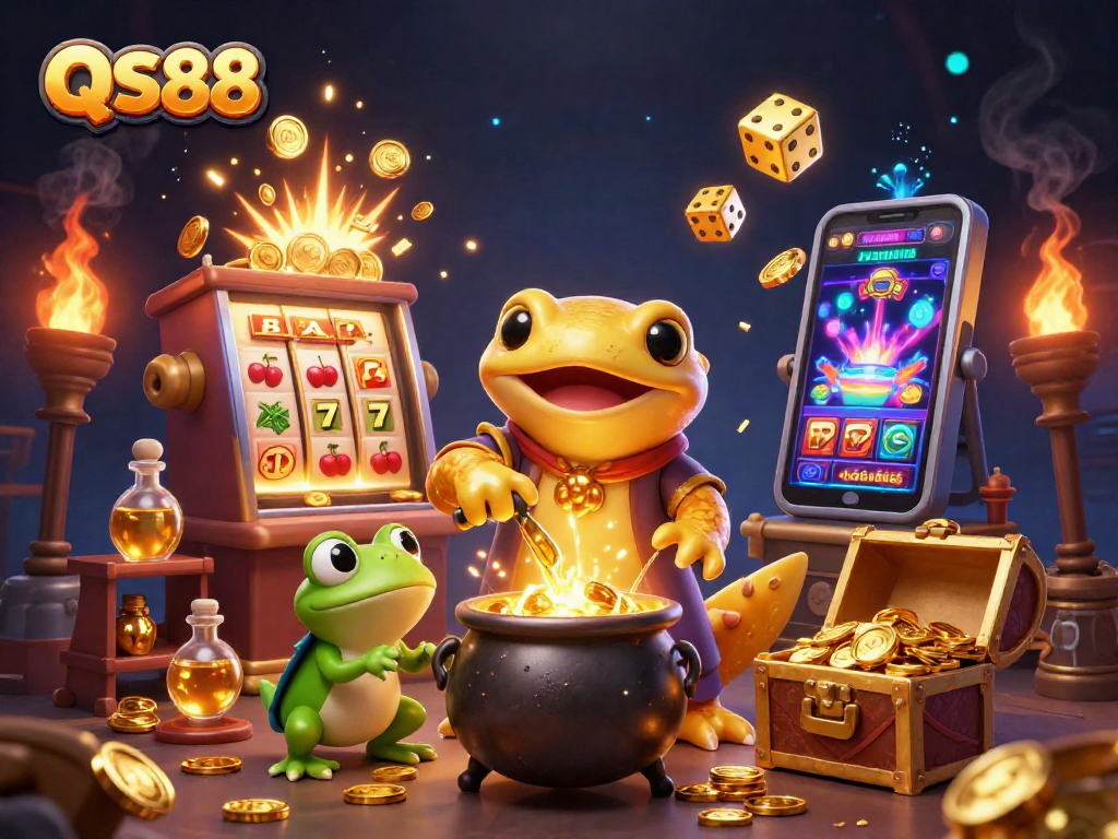 Experience QS88's vibrant casino rewards with golden elements and dynamic gambling symbols.