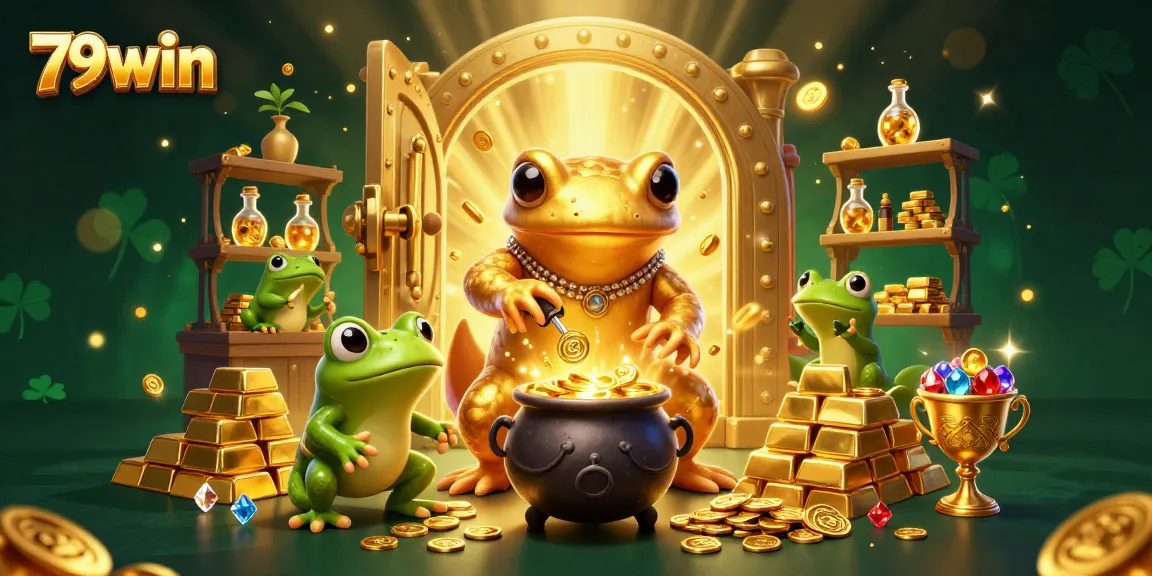 Engage with 79win and discover magical wins amidst gold coins and treasures in a vibrant casino scene.