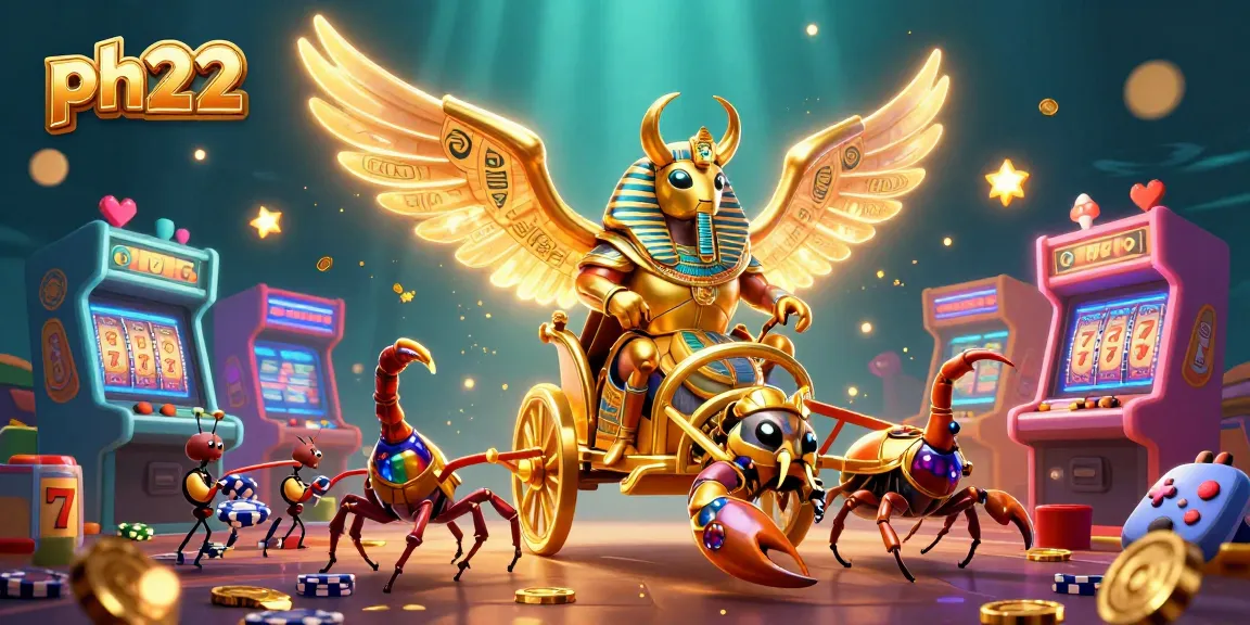 Experience thrilling gameplay at ph22, featuring a dazzling scene with a golden scarab beetle chariot and vibrant gaming elements