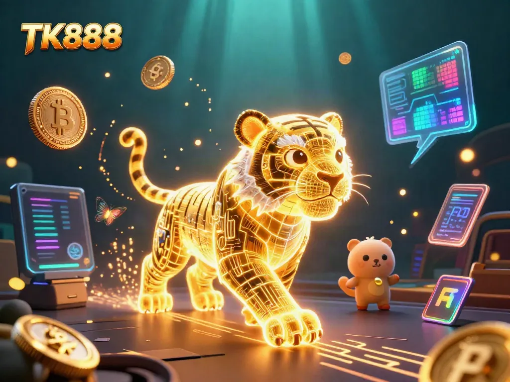 Experience thrilling gambling adventures with TK888, where a golden tiger roams a vibrant digital casino landscape.