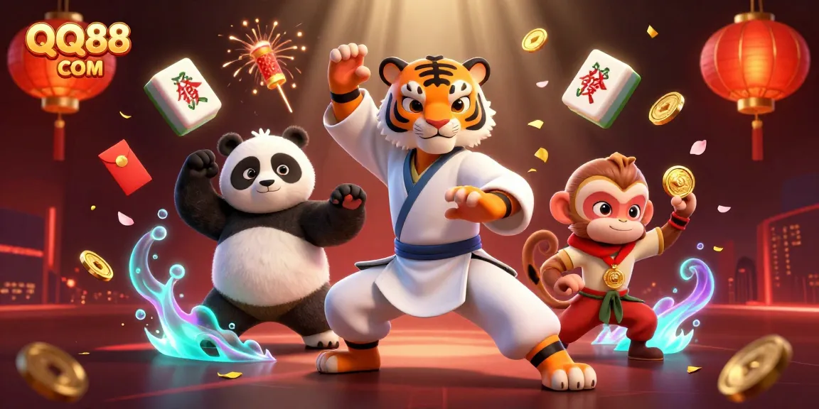 Engage with QQ88 COM in this vibrant promotional illustration featuring a kung fu tiger master and playful characters.