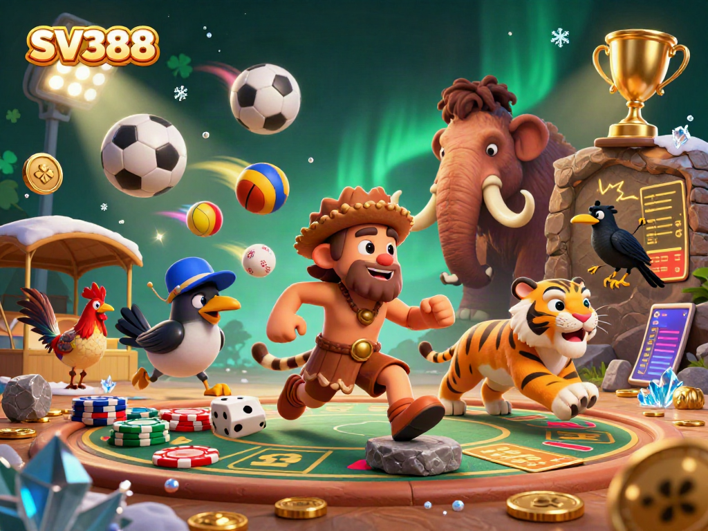 Experience exciting cockfighting at SV388, illustrated with 3D characters and lively casino elements.