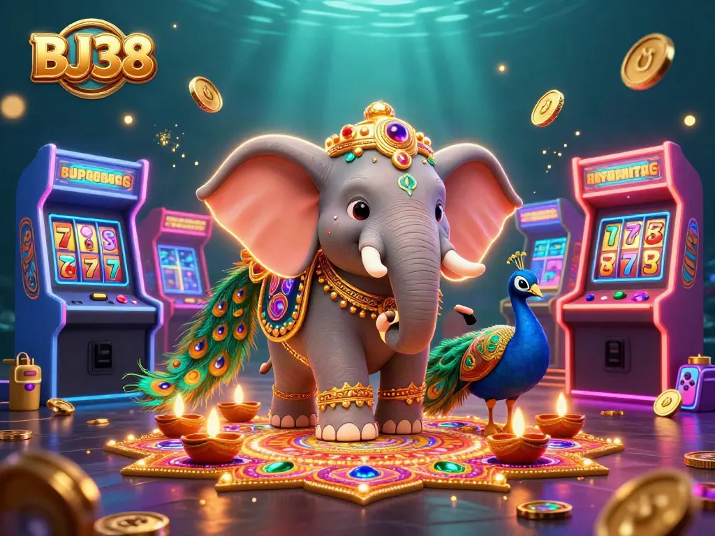 BJ38 features a vibrant 3D casino illustration with a colorful elephant and peacock amidst dynamic slot game elements.