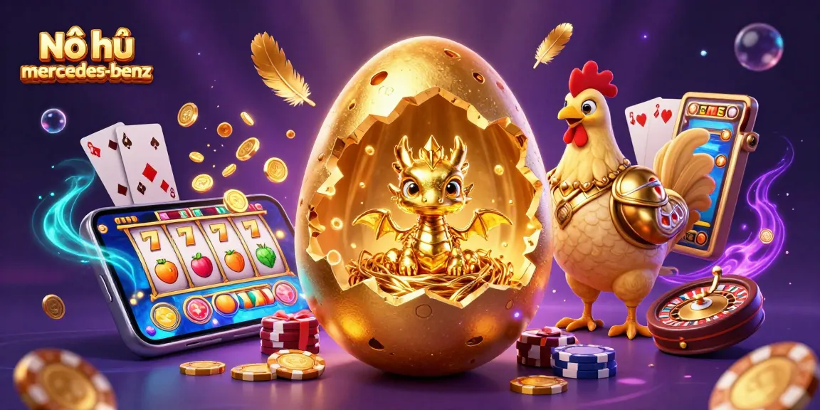 Nổ hũ mercedes-benz showcases a vibrant golden dragon and poker chips, adding excitement to your slot gaming.