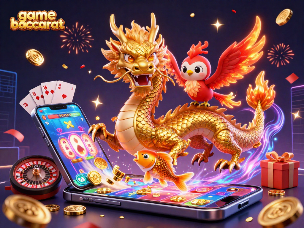 Experience the thrill of game baccarat with a vibrant 3D casino scene featuring enchanting mythical creatures.