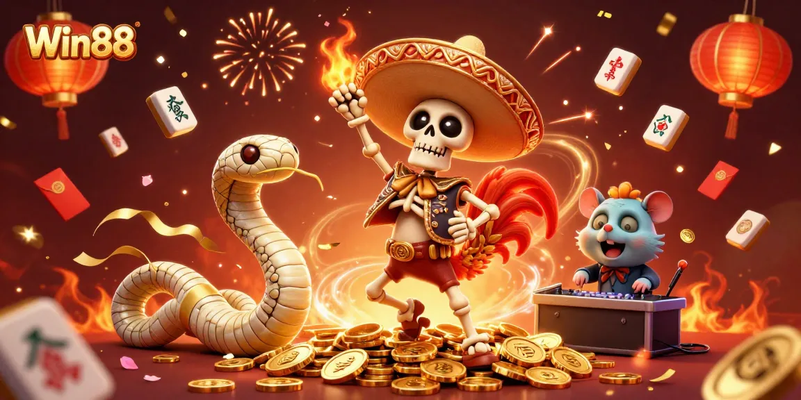 Win88's festive celebration scene features dynamic gaming elements and vibrant characters.