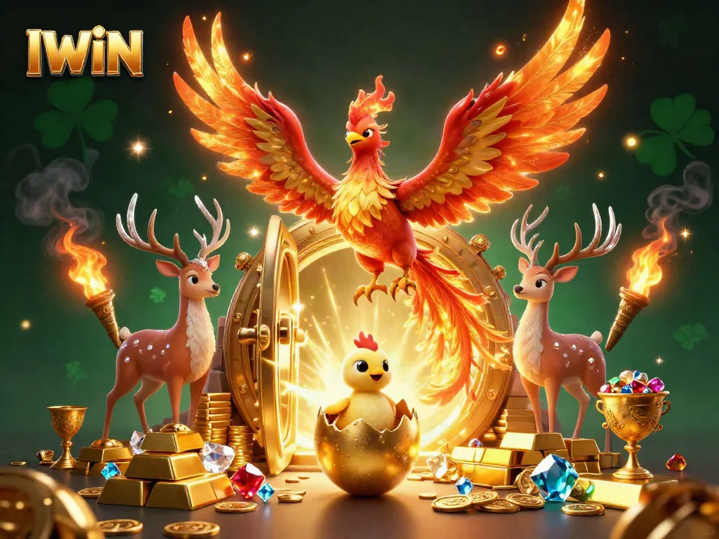 Experience the thrill of IWIN with a vibrant 3D phoenix and riches soaring in a dynamic casino scene.