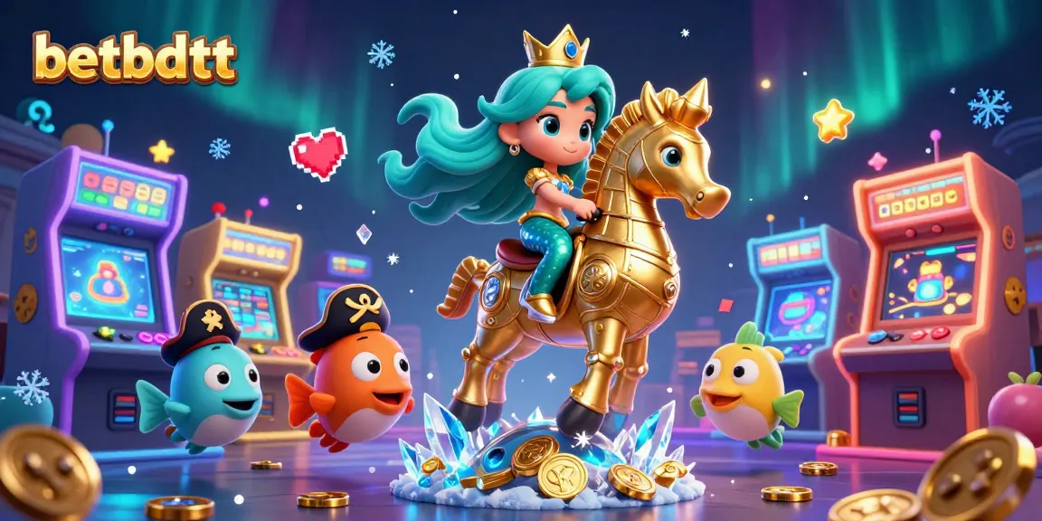 Betbdtt captures a thrilling casino adventure with a mermaid princess, giant seahorse, and arcade elements.