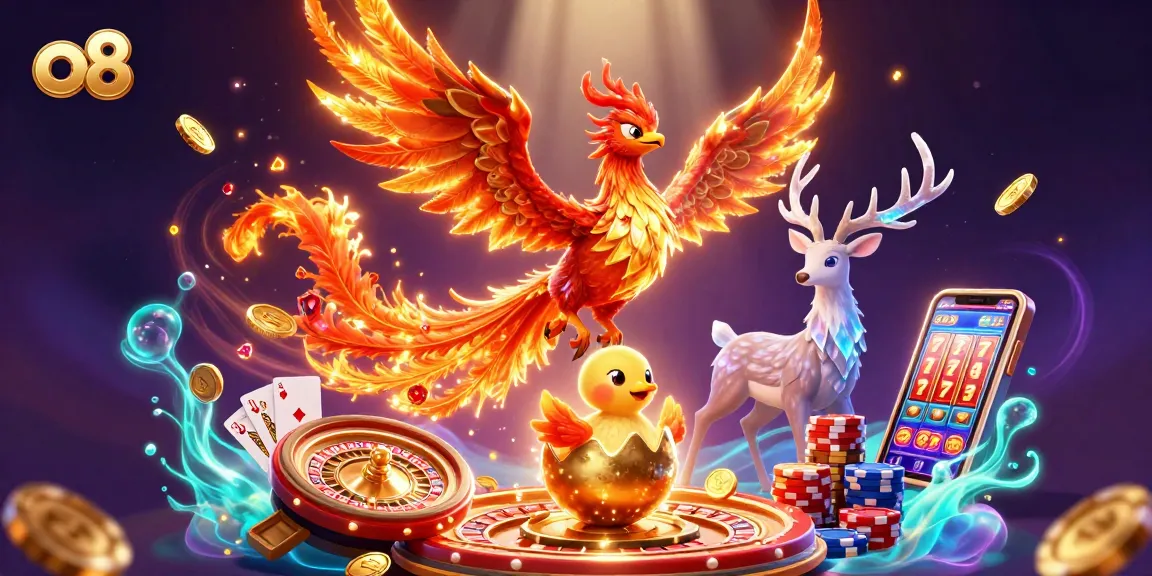 Experience thrilling winning with the O8 casino, featuring vibrant phoenix and gameplay elements in 3D.