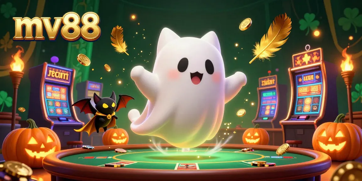 Experience thrilling gameplay at mv88 with a friendly ghost cat and vibrant casino elements illuminating the scene.