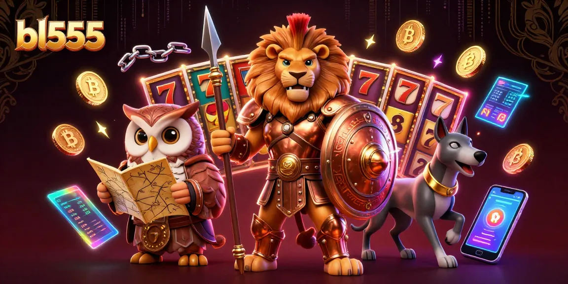 Experience thrilling games at bl555 with a lively 3D illustration featuring a Spartan lion and vibrant casino elements.