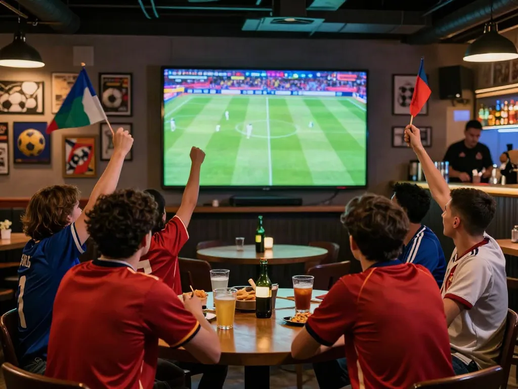 Excited football fans enjoying a live match at a sports bar, representing xoilactv's vibrant community.