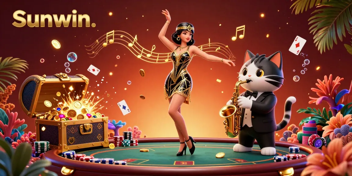 Experience thrilling gameplay at Sunwin with vibrant scenes of a dancing flapper and jazz cat among casino elements.