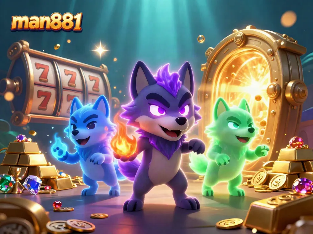 Experience thrilling wins with man881's vibrant slot arcade scene featuring spectral wolves and treasure.