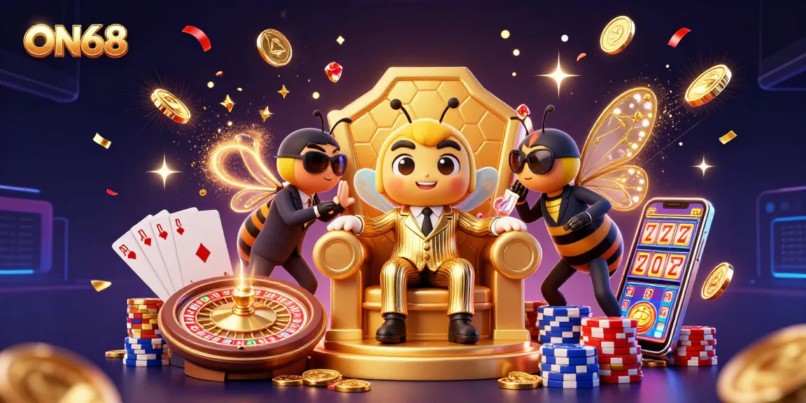 ON68's lively bumblebee mob boss oversees a vibrant online casino scene with thrilling game elements.