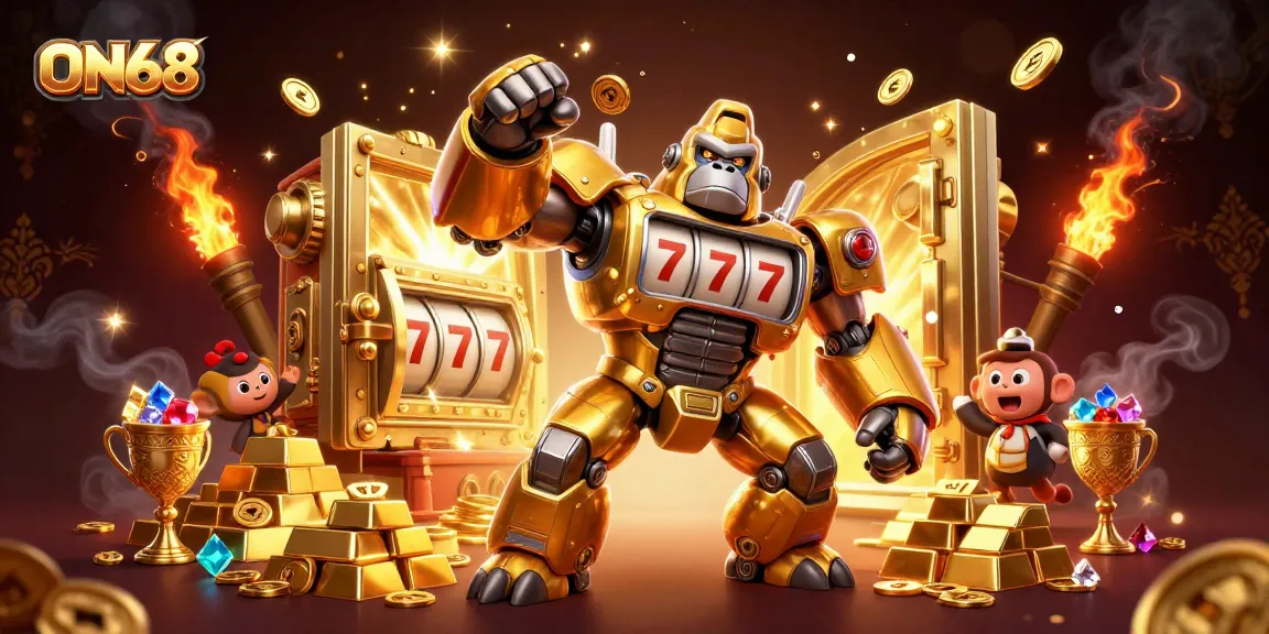 Win big with ON68 in this vibrant 3D illustration showcasing a golden gorilla mech and wealth.