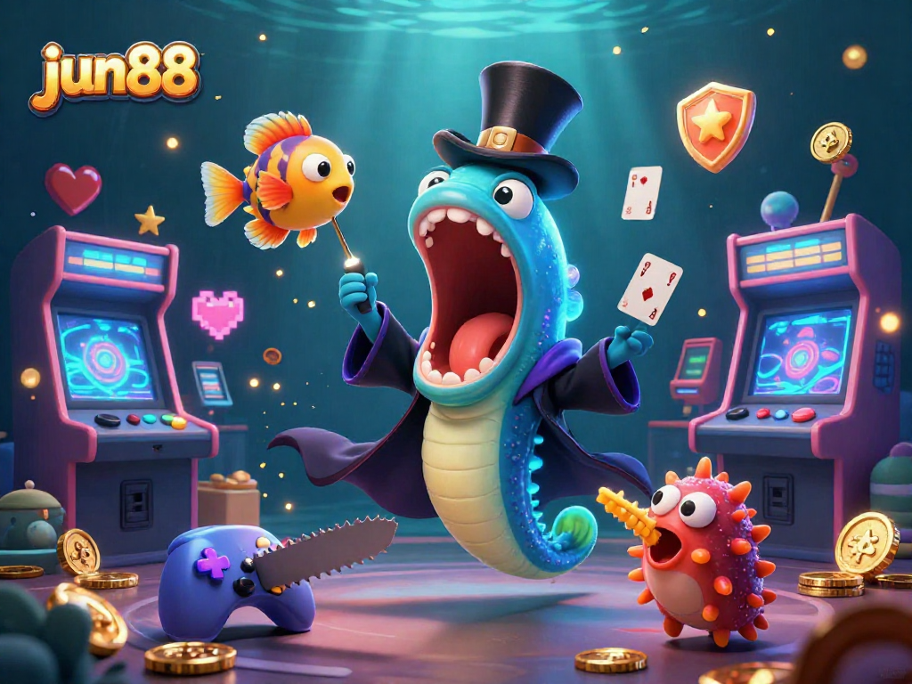 Experience the magic of jun88 with a bioluminescent eel performing tricks amidst vibrant arcade elements.