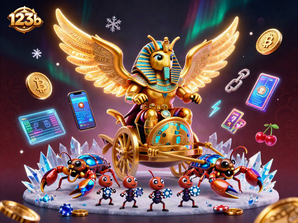 Immerse in the realm of 123b with this vibrant 3D scene of a golden scarab beetle amidst casino elements.