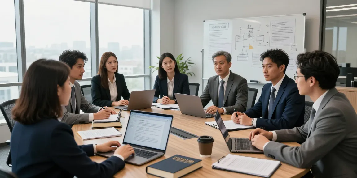Legal professionals discussing strategies for statute 123b in a modern office setting.
