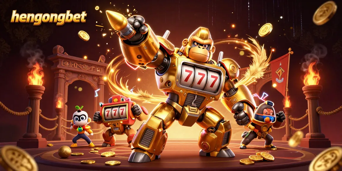 Experience gaming excitement with HengOngBet's dynamic 3D casino scene featuring a golden gorilla mech.