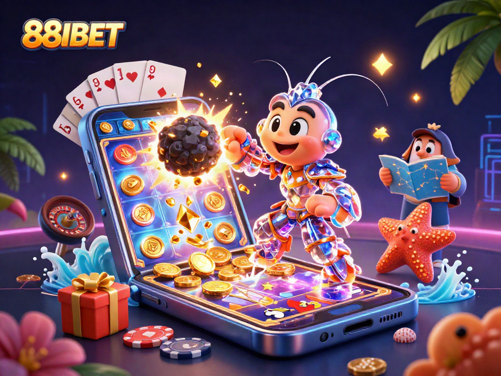 Engage with 88IBET in a vibrant 3D casino scene bursting with action and game elements.