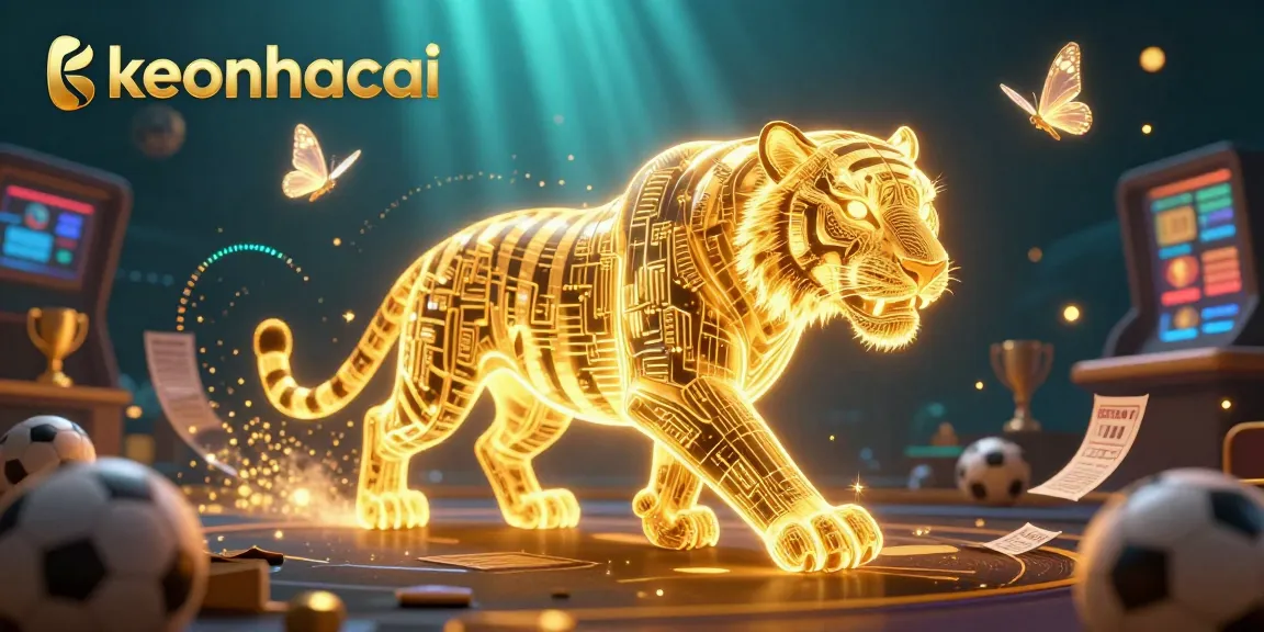 Experience sports betting excitement with keonhacai's vibrant visual, featuring a golden tiger and dynamic betting elements.
