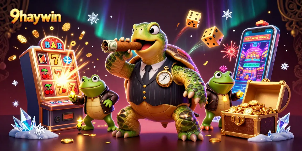 Experience thrilling jackpots with 9haywin: a cartoon turtle suits up for a casino adventure.