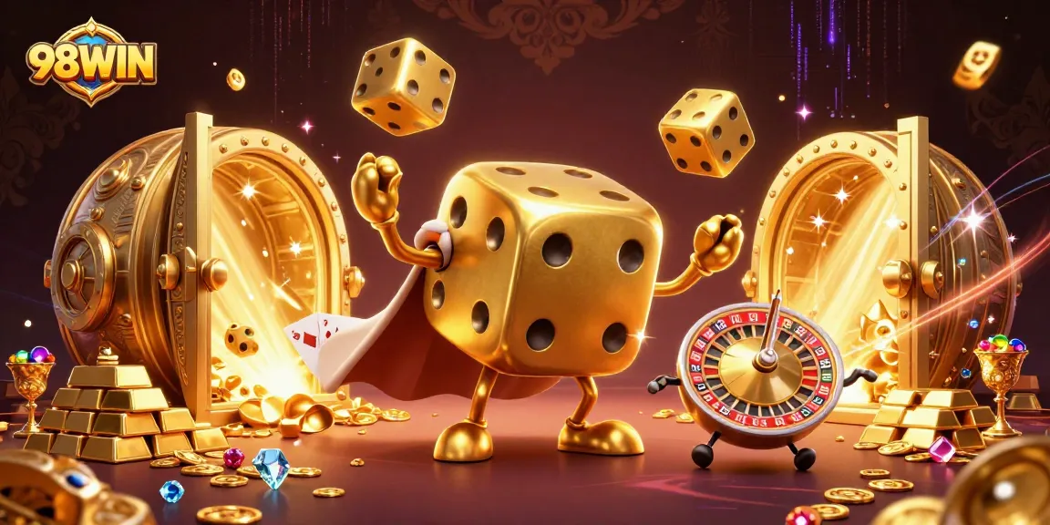 Experience the thrill of 98WIN with vibrant golden dice and casino treasures.