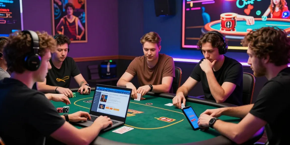 Dewapoker players engaging at digital poker table with laptops and smartphones in a vibrant casino-like atmosphere.