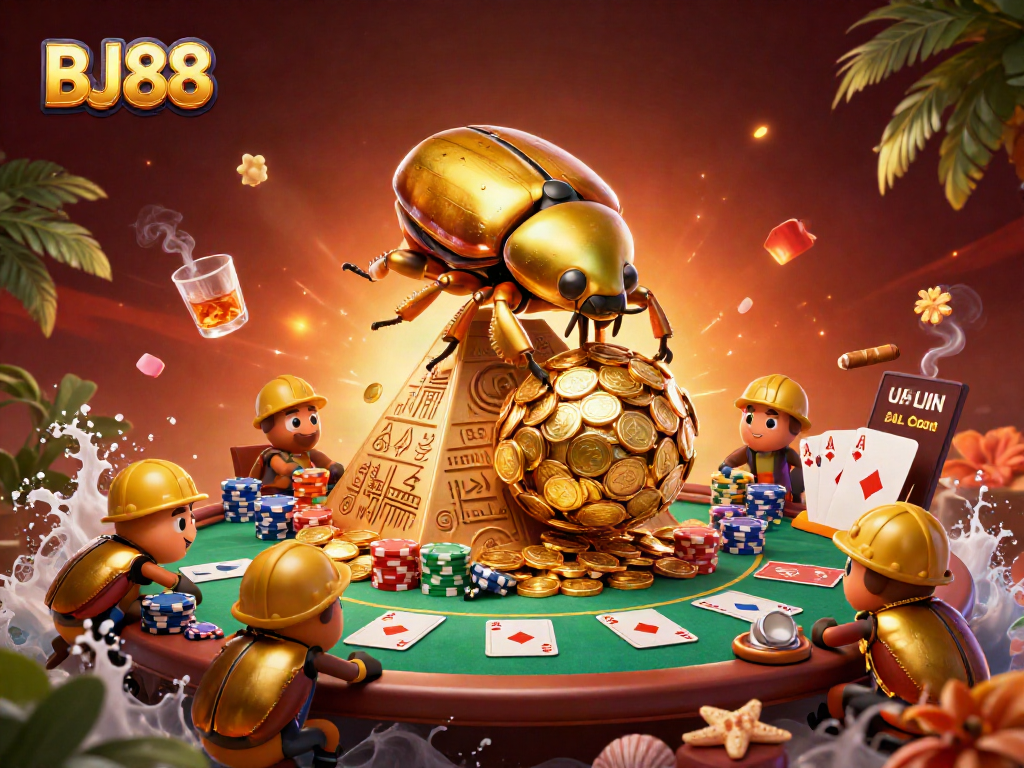 Experience the excitement of BJ88 as golden beetles roll coins amid thrilling casino elements.