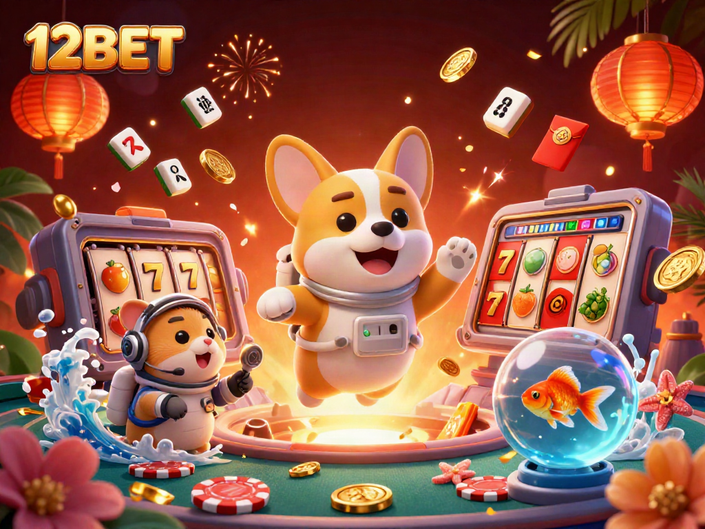 Experience casino thrills with 12BET in a dynamic space scene featuring an astronaut corgi and fantastic details.
