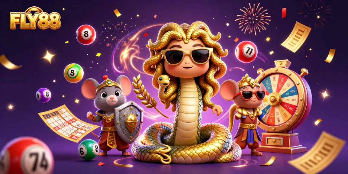 Celebrate with FLY88 as colorful lottery elements fill the air in this vibrant 3D illustration.