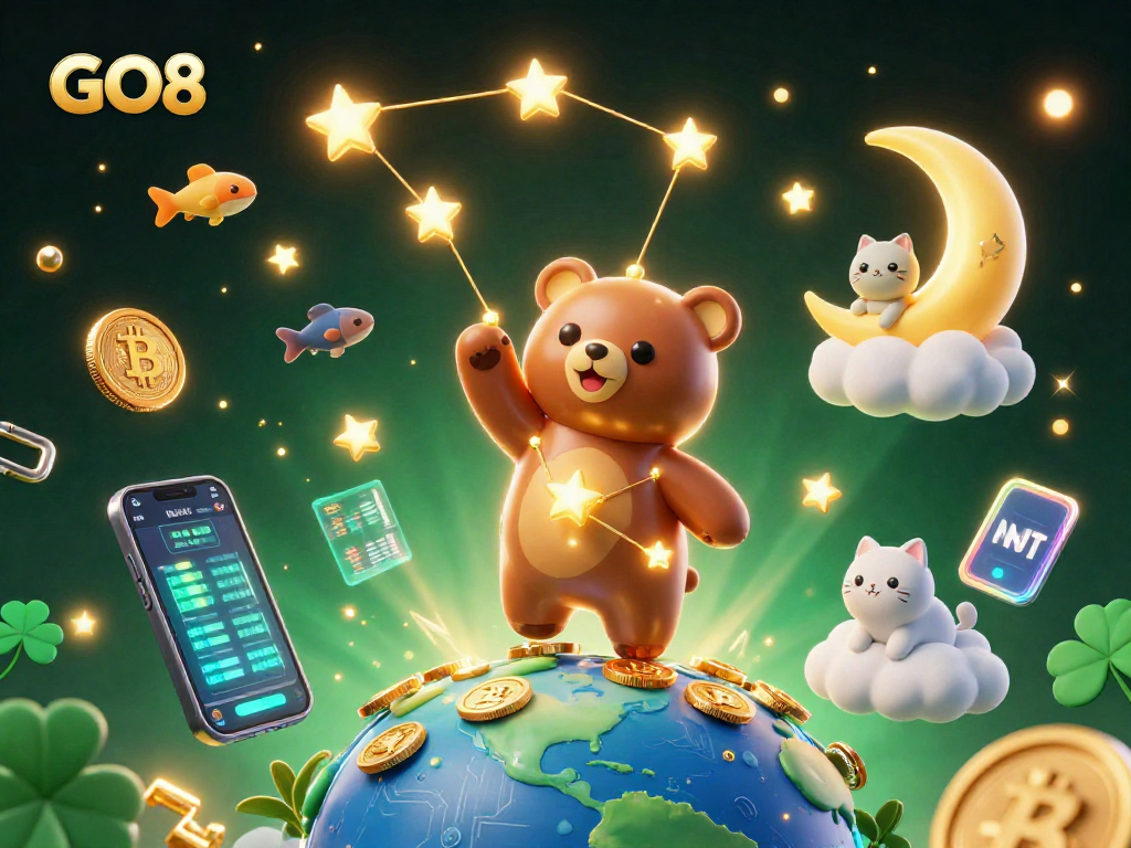 GO8 constellation bear scooping coins in a vibrant digital casino landscape, showcasing crypto elements