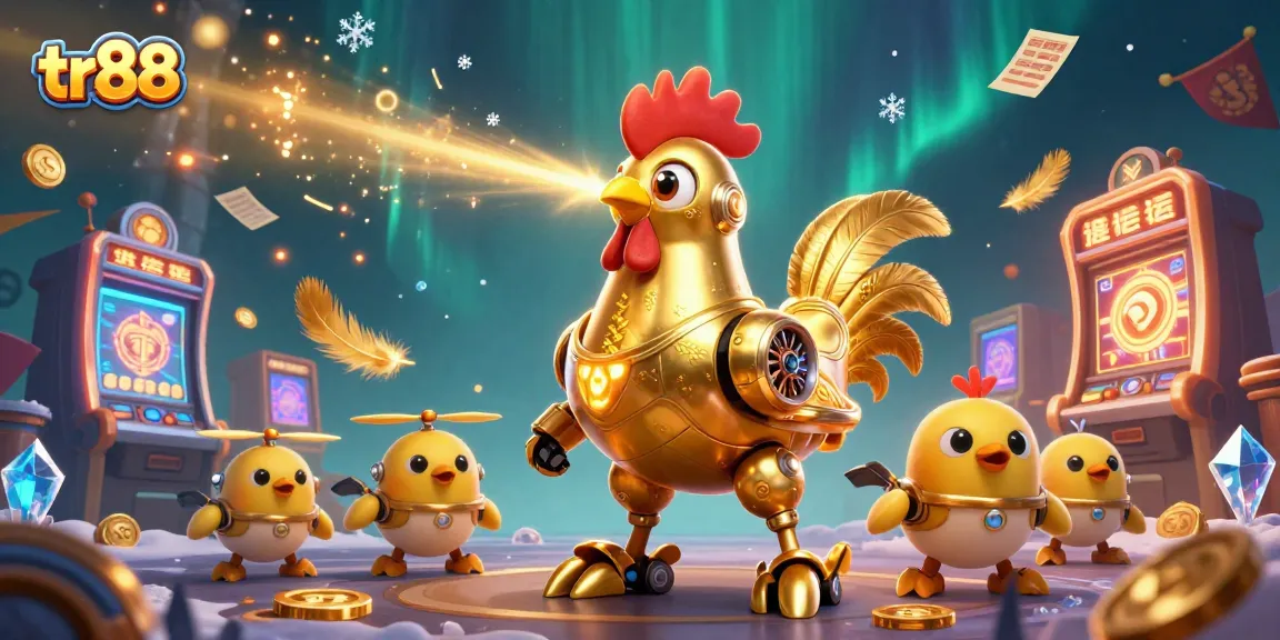 Experience thrilling gameplay with tr88's dazzling slot machines and golden rooster character.
