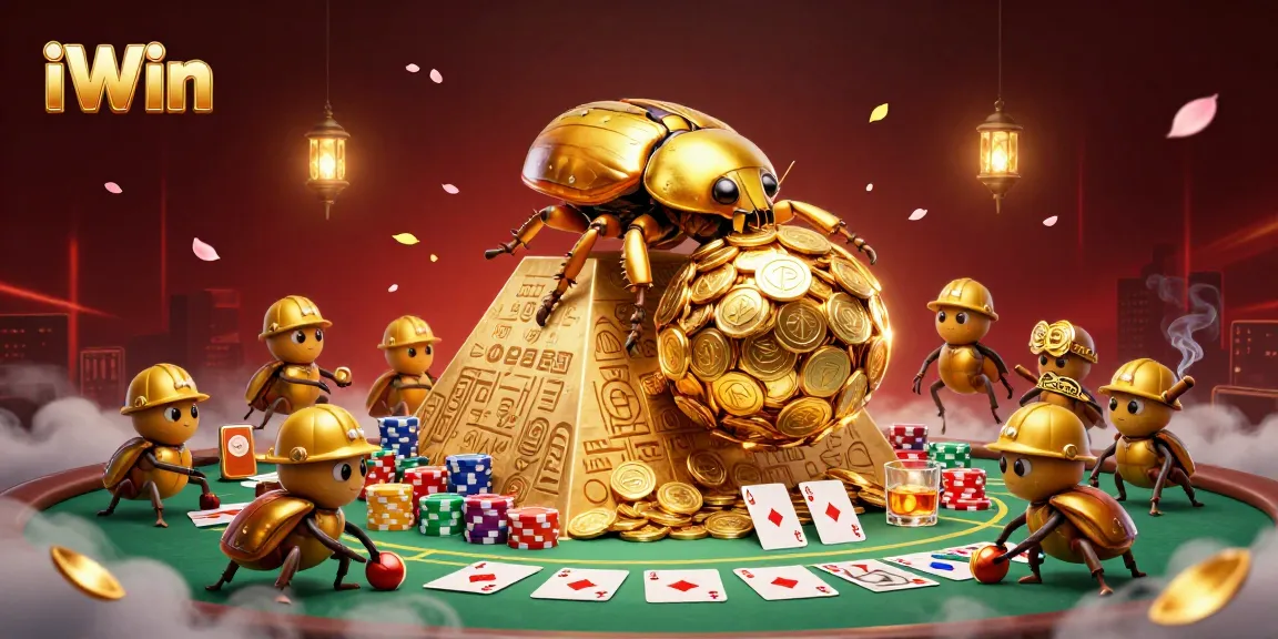 Engage with iWin's vibrant gambling scene featuring golden beetles and poker elements.